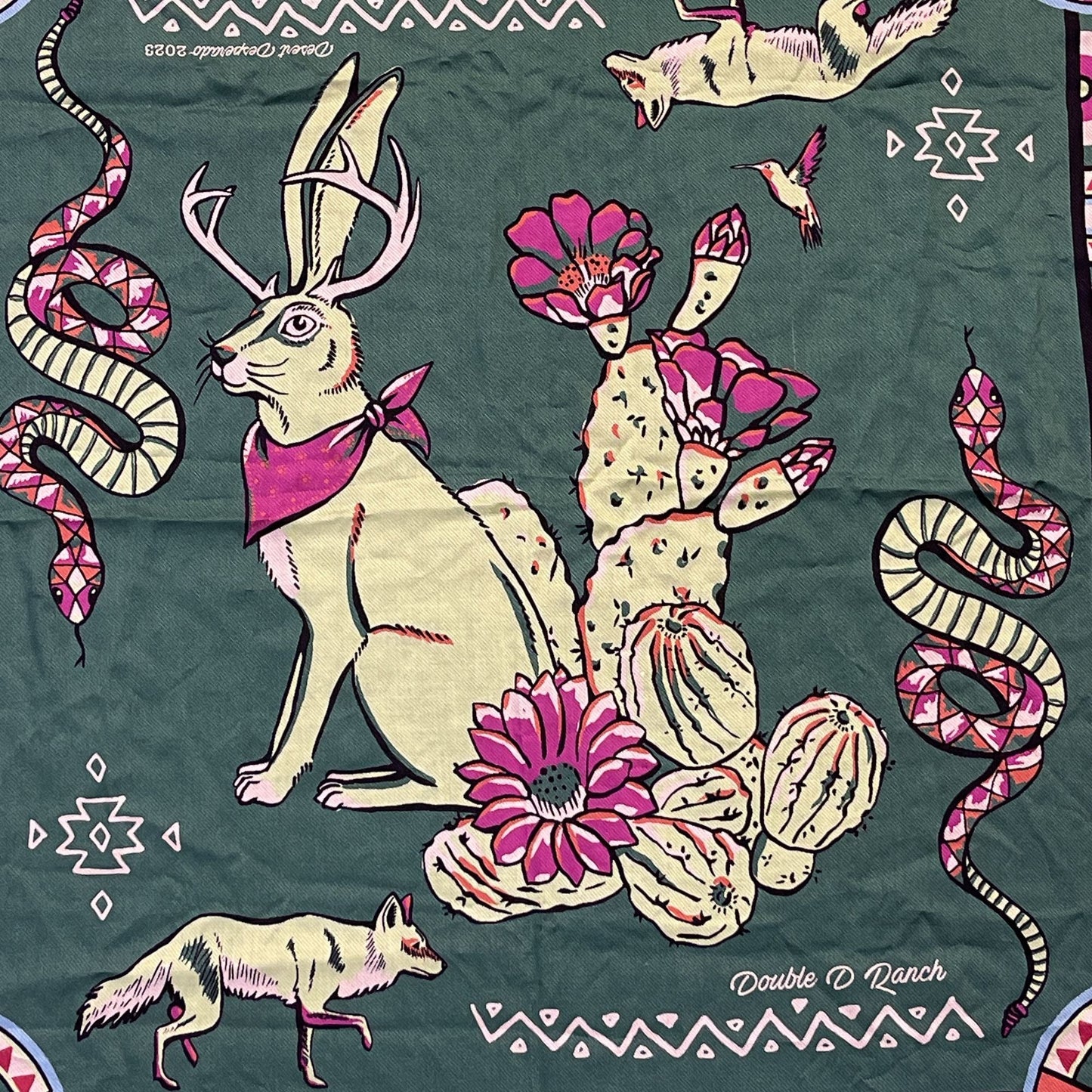 Double D Ranch Green Bandana Scarf With Jackalope & Cactus Design Desperado