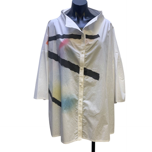 Ozai N Ku White & Multicolored Abstract Button-Up Blouse, Size 2XL