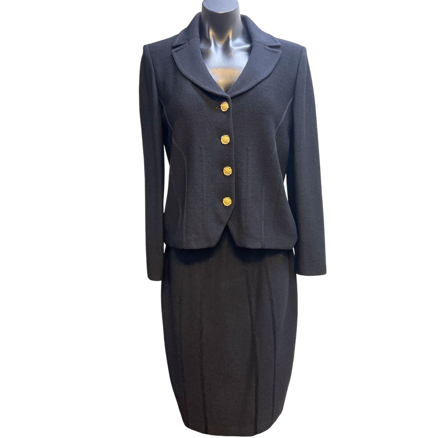 St. John 2p Blazer Jacket Skirt Set Gold Buttons Black 6/8