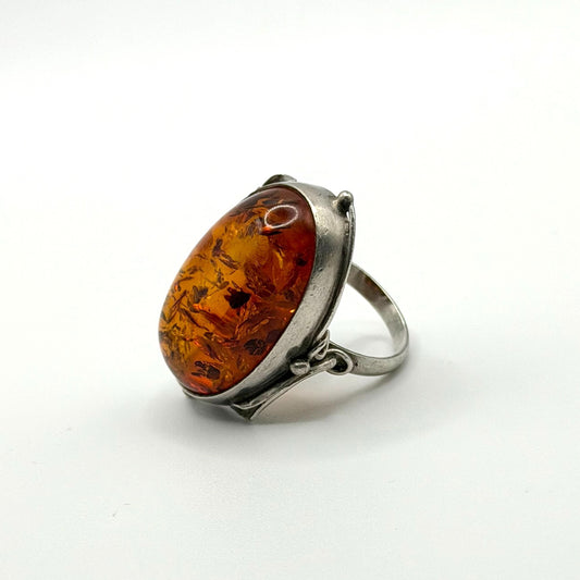 Artisan 925 Sterling Silver Oval Amber Long Ring Sz 8.5