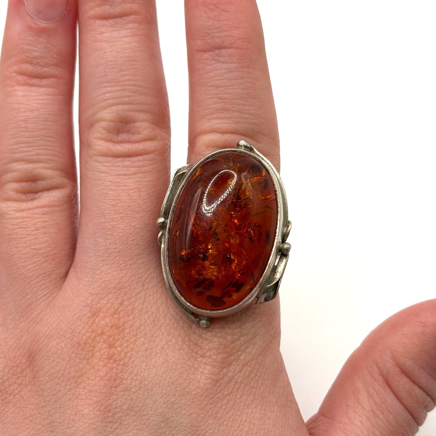 Artisan 925 Sterling Silver Oval Amber Long Ring Sz 8.5