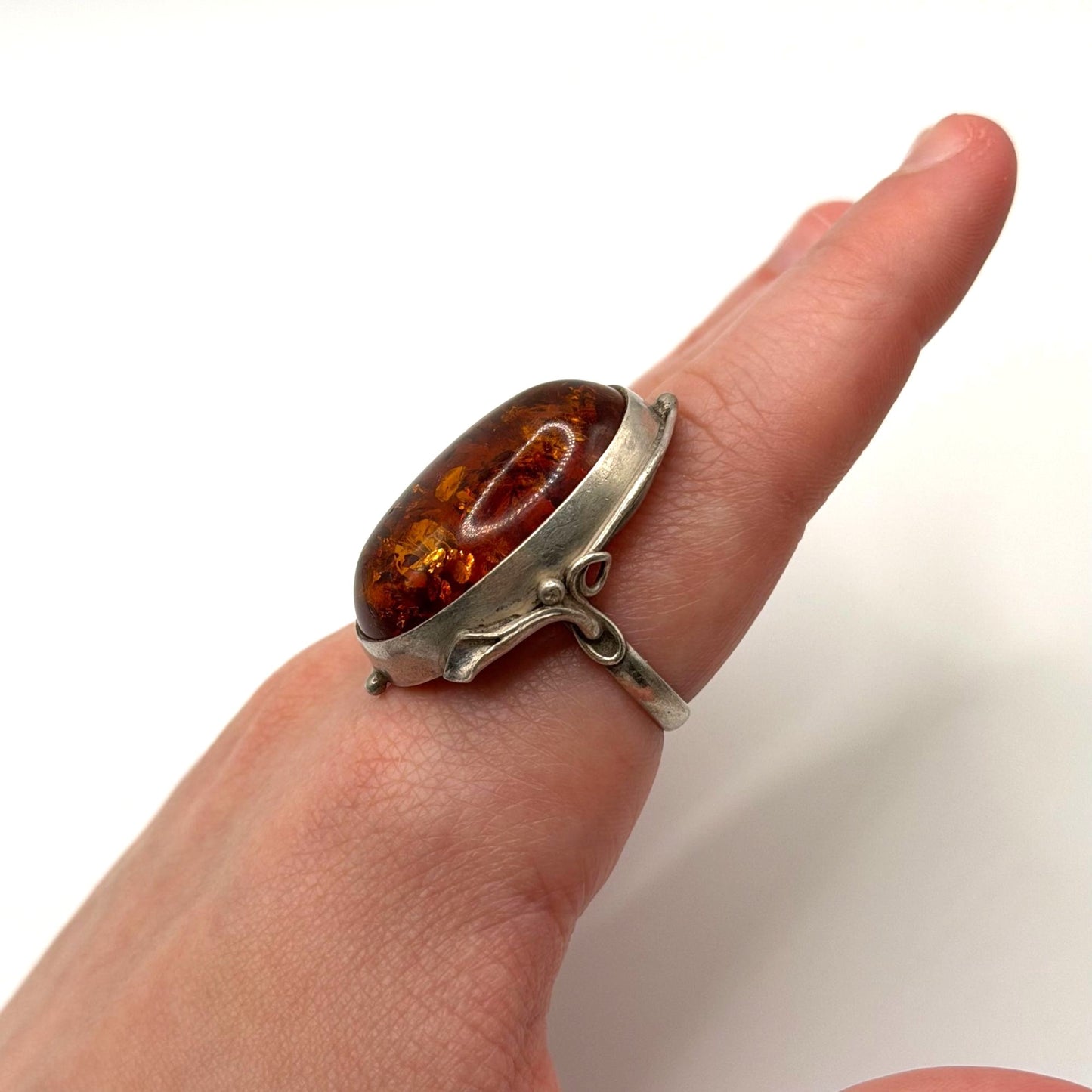 Artisan 925 Sterling Silver Oval Amber Long Ring Sz 8.5