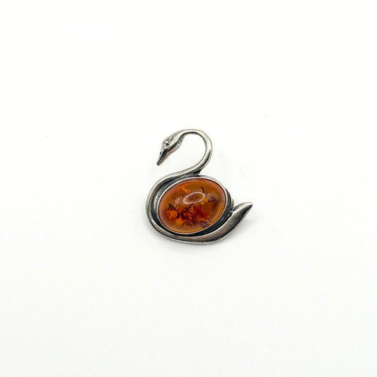 925 Sterling Silver Swan Brooch Pin Pendant With Baltic Honey Amber