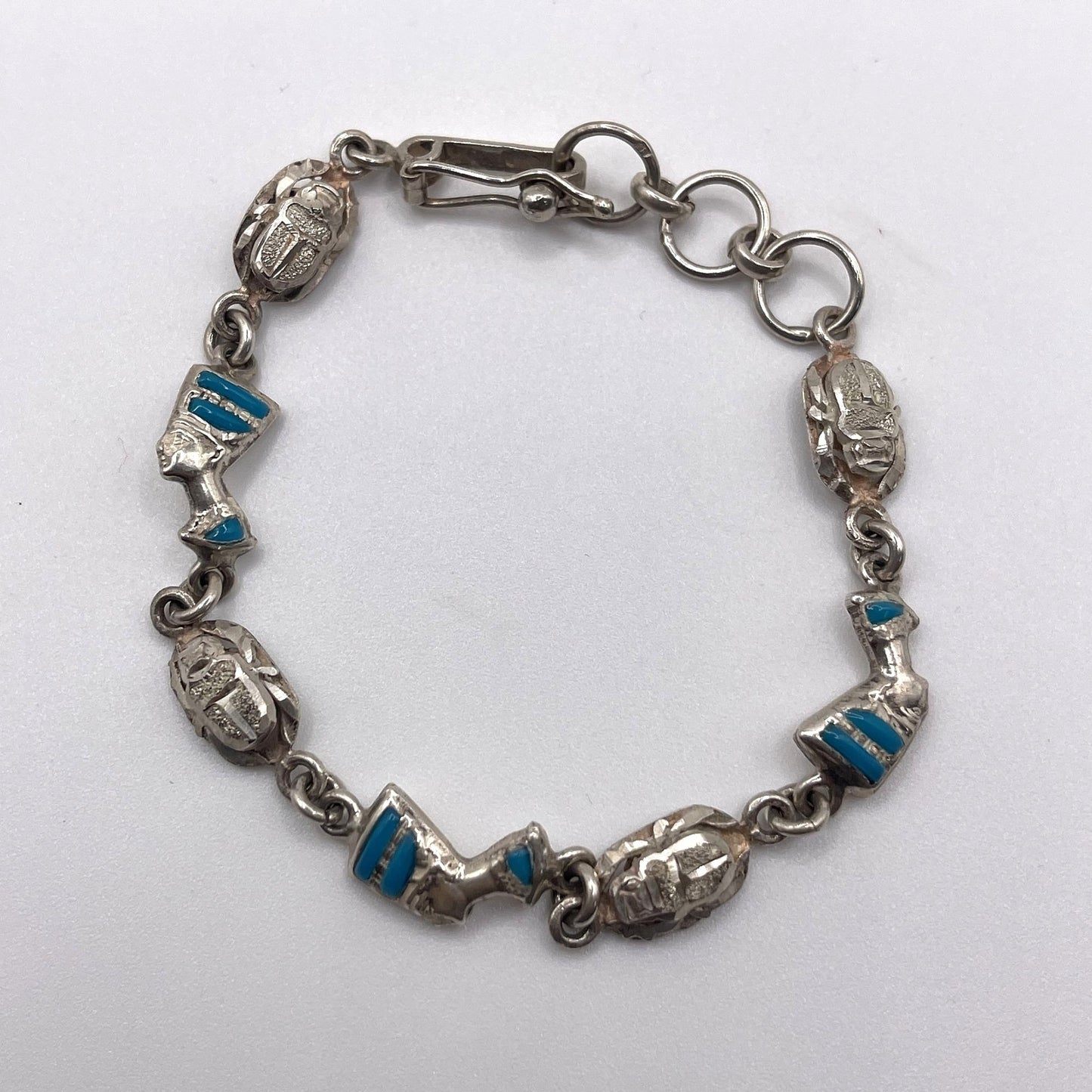 Vintage 925 Sterling Silver Egyptian Nefertiti Scarab Bracelet Blue Enamel Accents Adjustable Clasp 7"-8"