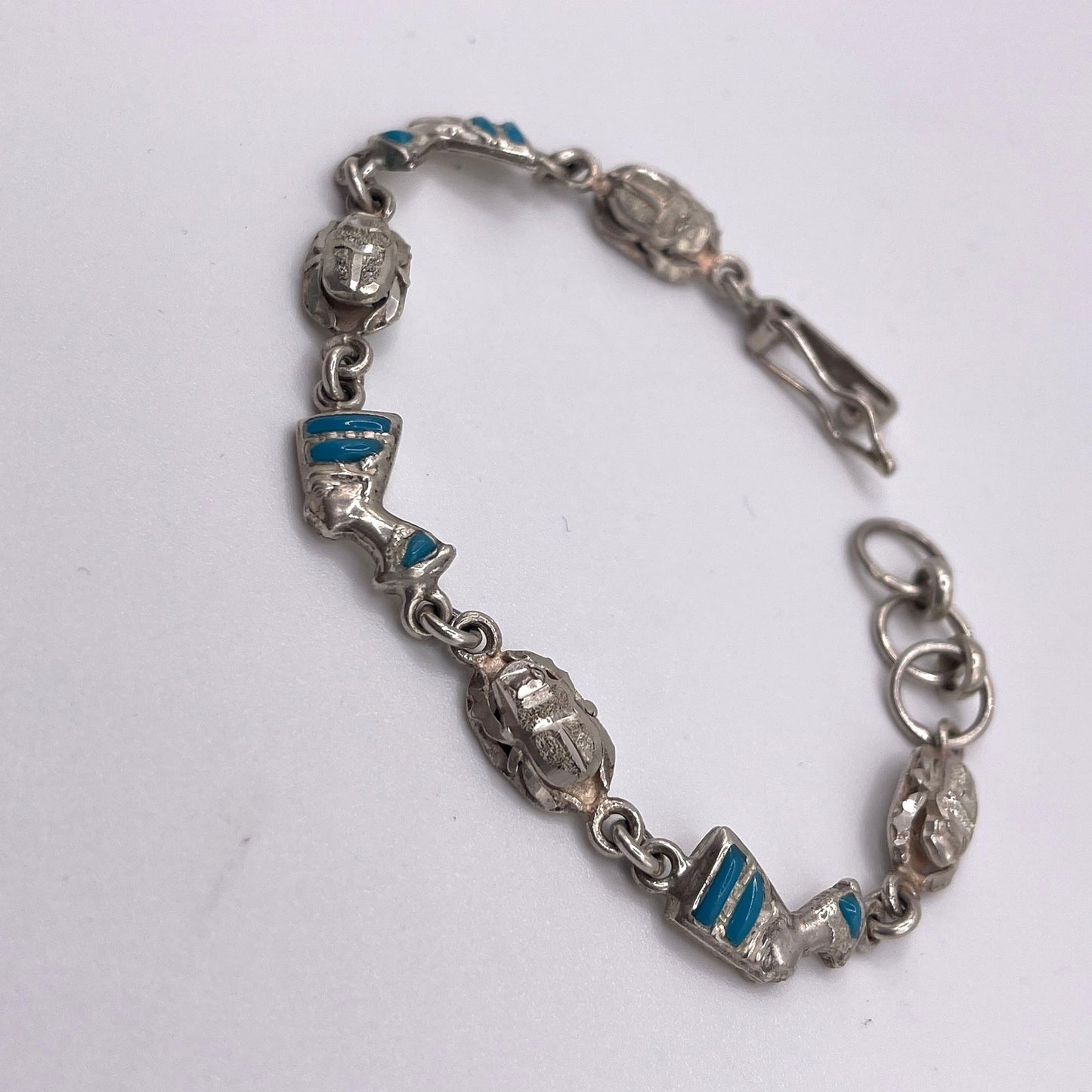 Vintage 925 Sterling Silver Egyptian Nefertiti Scarab Bracelet Blue Enamel Accents Adjustable Clasp 7"-8"