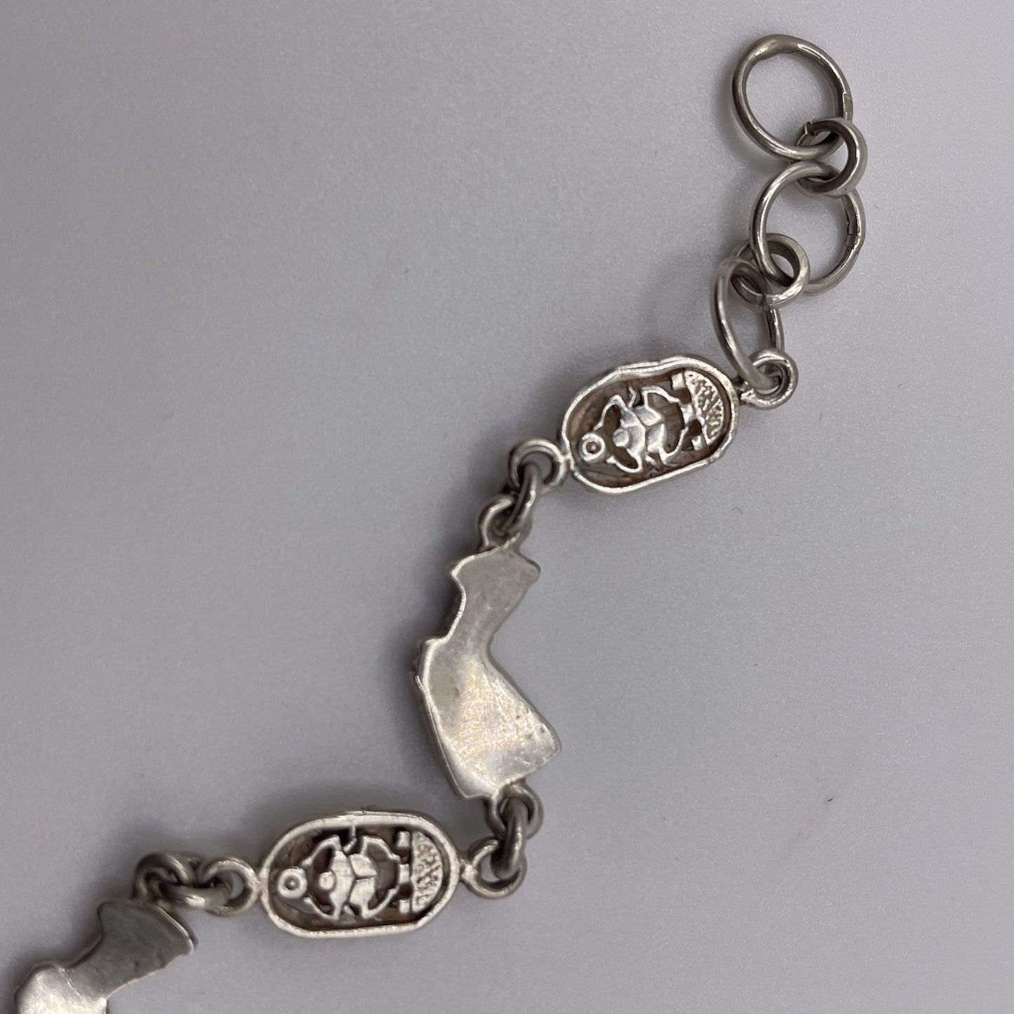 Vintage 925 Sterling Silver Egyptian Nefertiti Scarab Bracelet Blue Enamel Accents Adjustable Clasp 7"-8"