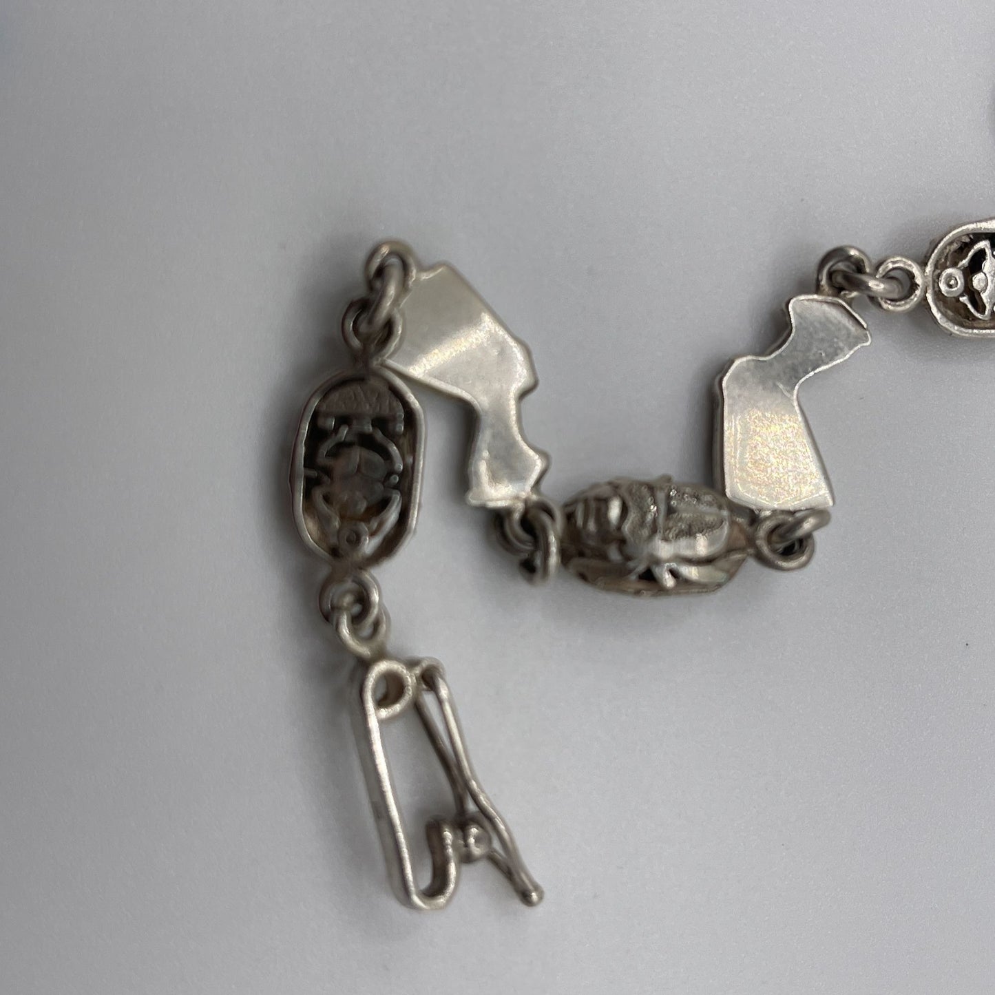 Vintage 925 Sterling Silver Egyptian Nefertiti Scarab Bracelet Blue Enamel Accents Adjustable Clasp 7"-8"