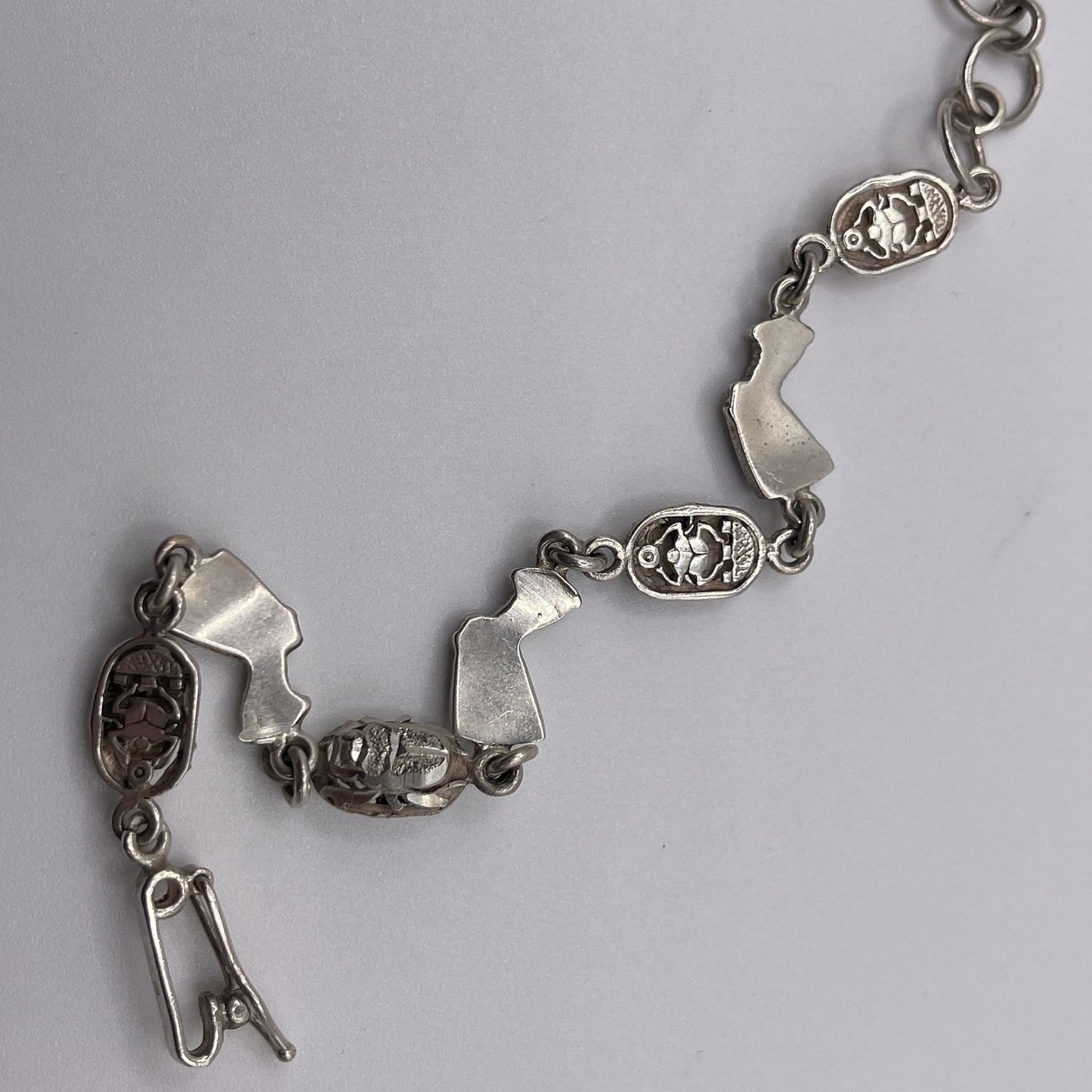 Vintage 925 Sterling Silver Egyptian Nefertiti Scarab Bracelet Blue Enamel Accents Adjustable Clasp 7"-8"