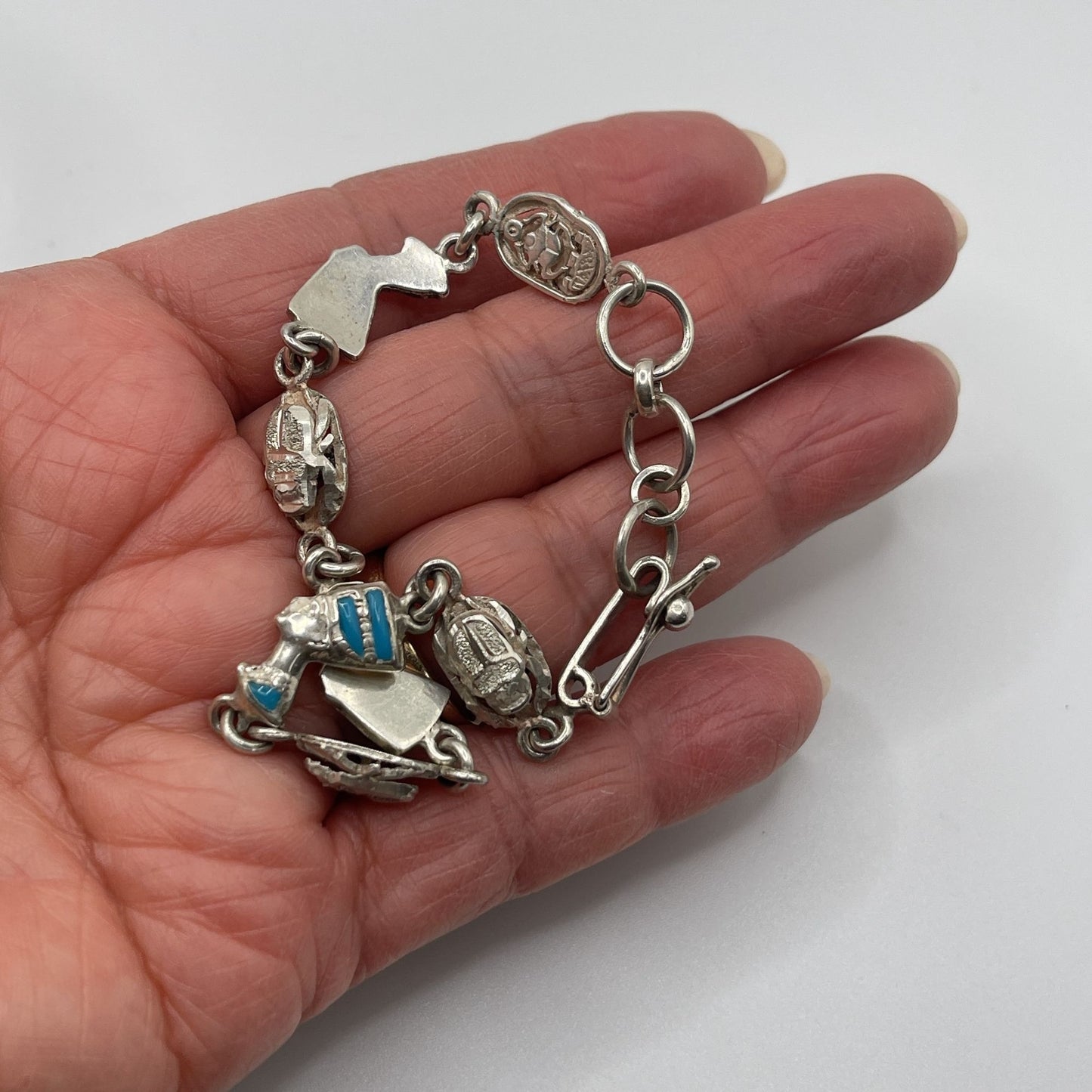 Vintage 925 Sterling Silver Egyptian Nefertiti Scarab Bracelet Blue Enamel Accents Adjustable Clasp 7"-8"