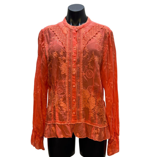NWT Johnny Was Serene Ryder Embroidered Silk Blouse Orange XL Long Sleeve