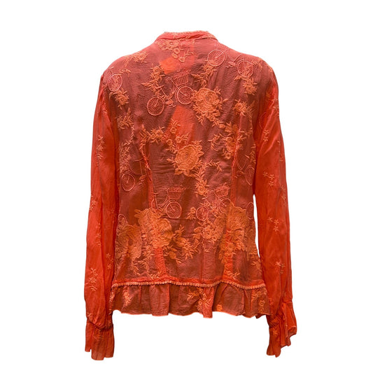 NWT Johnny Was Serene Ryder Embroidered Silk Blouse Orange XL Long Sleeve