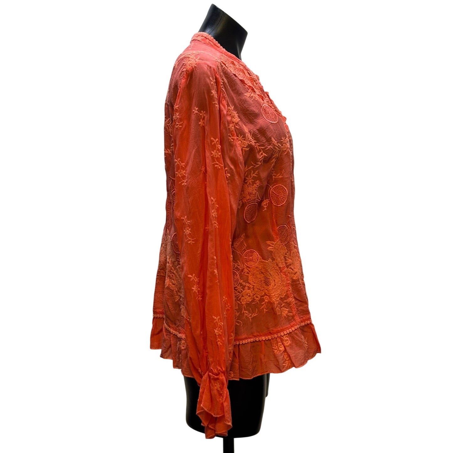 NWT Johnny Was Serene Ryder Embroidered Silk Blouse Orange XL Long Sleeve