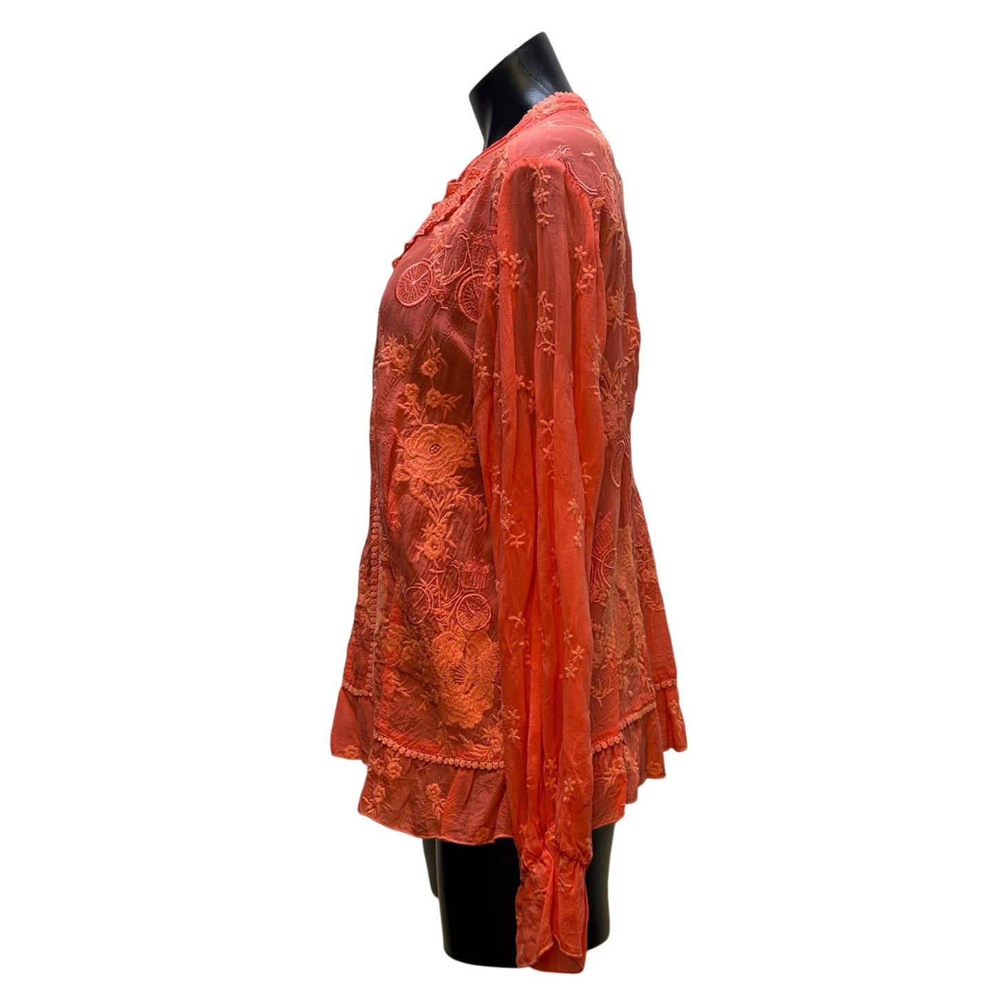 NWT Johnny Was Serene Ryder Embroidered Silk Blouse Orange XL Long Sleeve