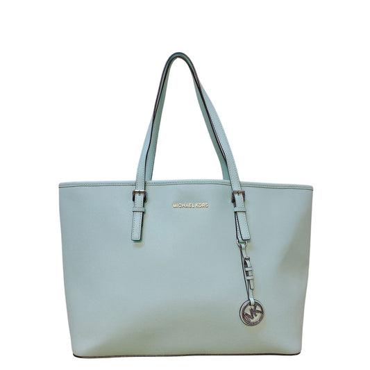 Michael Kors Light Aqua Blue Leather Tote Handbag With Interior Pockets & MK Charm