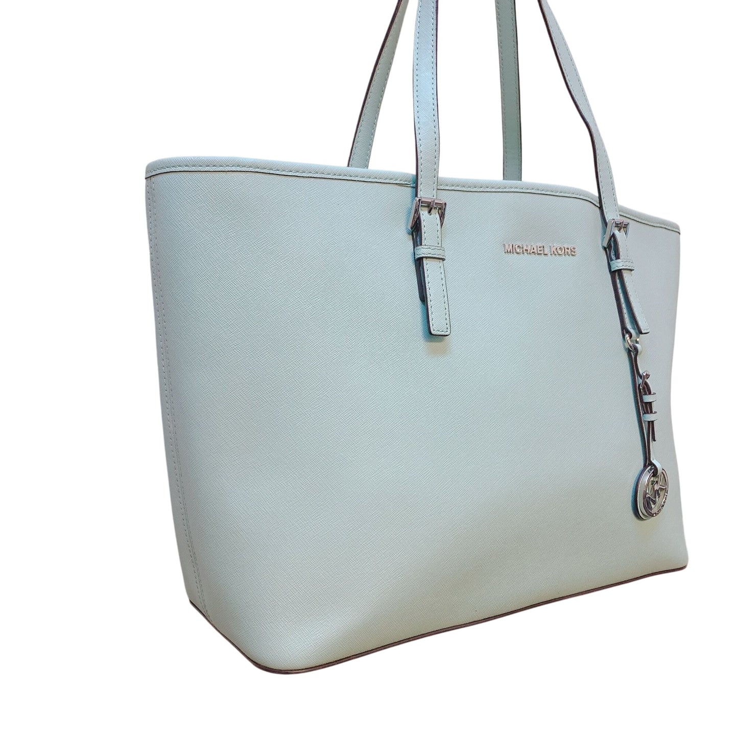 Michael Kors Light Aqua Blue Leather Tote Handbag With Interior Pockets & MK Charm