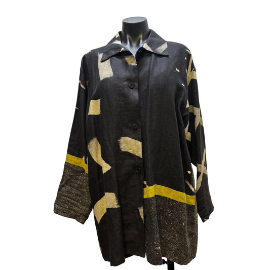 Farley Farley Linen Blouse Black Cream Gray Abstract Print S
