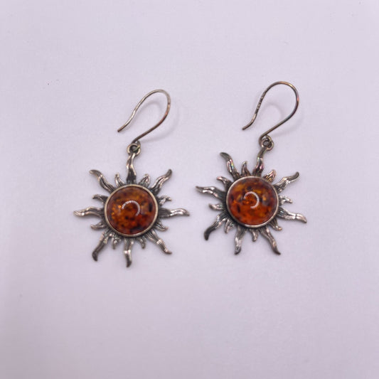 925 Sterling Silver Amber Stone Burst Sun Dangle Earrings
