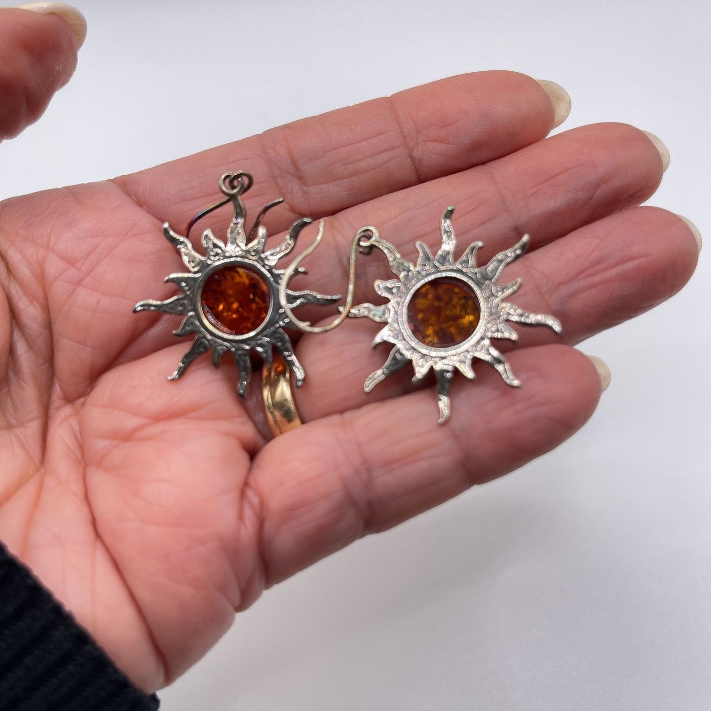 925 Sterling Silver Amber Stone Burst Sun Dangle Earrings