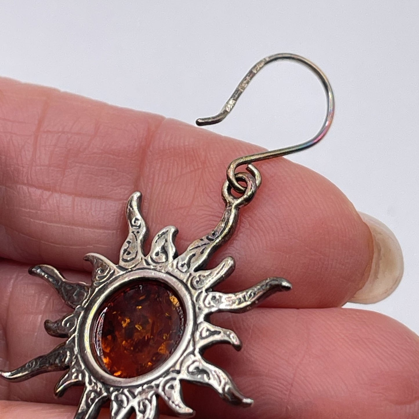 925 Sterling Silver Amber Stone Burst Sun Dangle Earrings