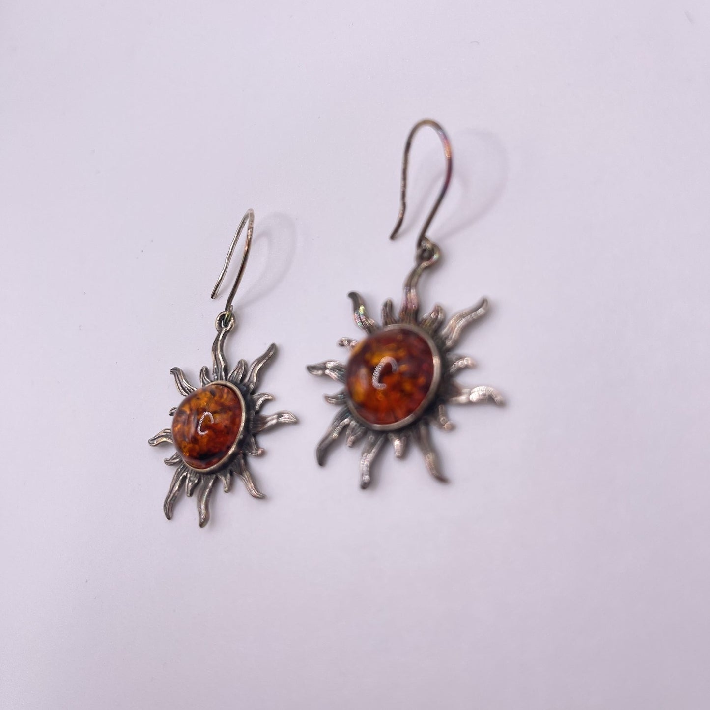 925 Sterling Silver Amber Stone Burst Sun Dangle Earrings