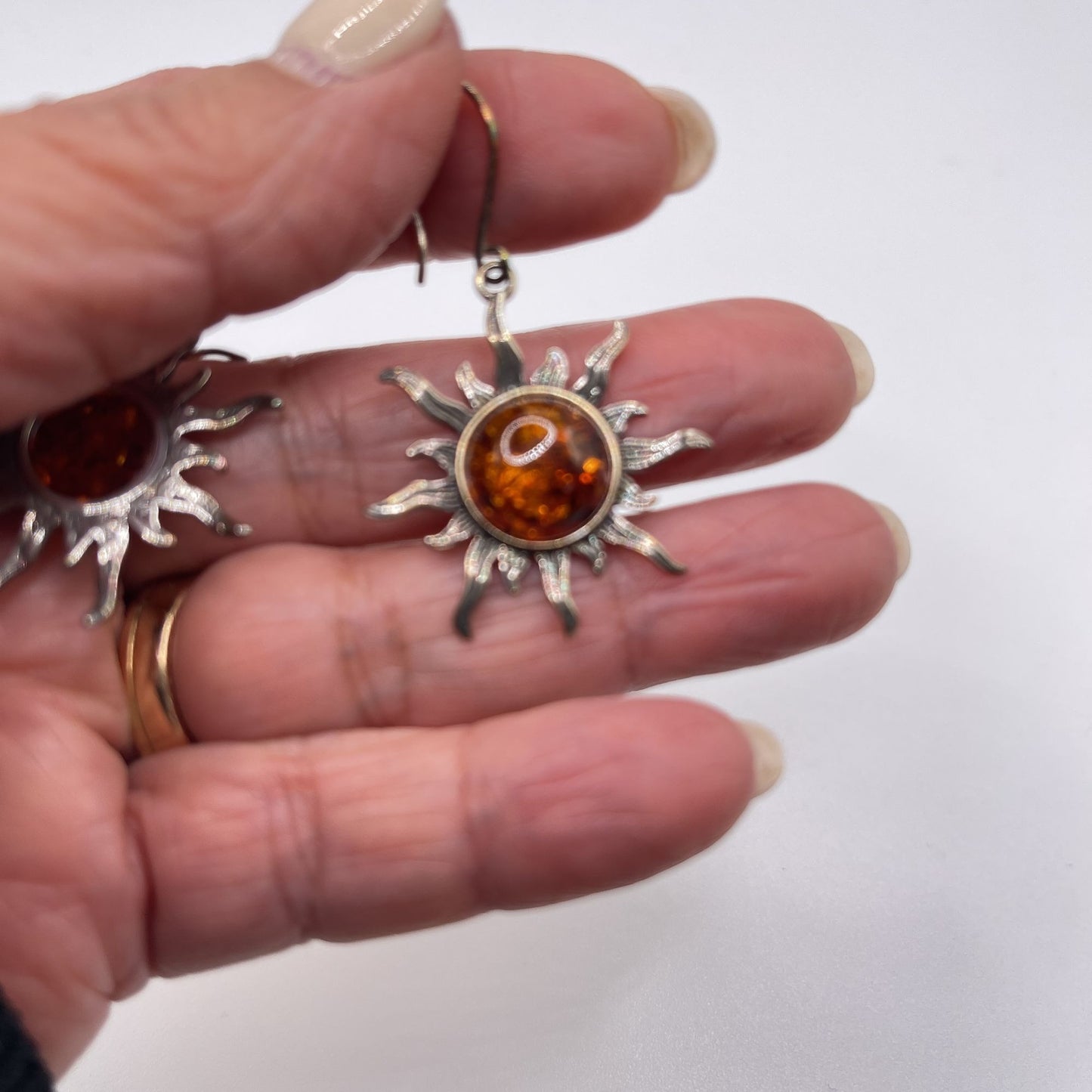 925 Sterling Silver Amber Stone Burst Sun Dangle Earrings