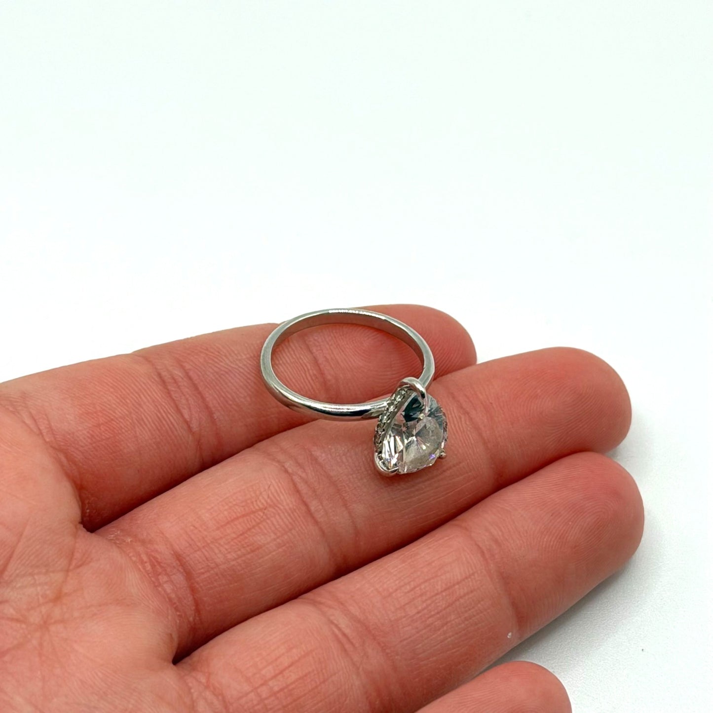 925 Sterling Silver Ring With Pear-Cut Clear Stone Modern Gents Size 6