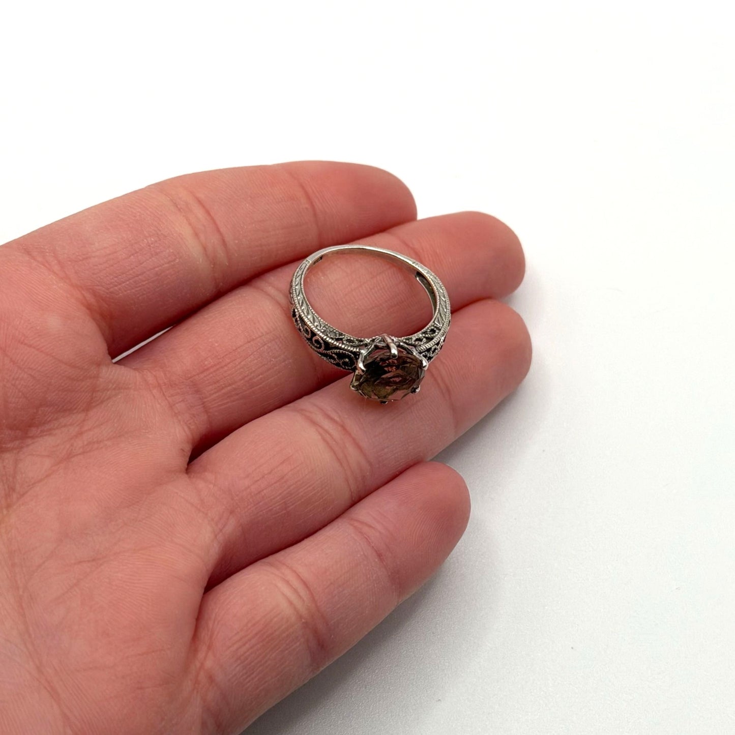 925 Sterling Silver Ring With Round Smoky Quartz Gemstone Size 7