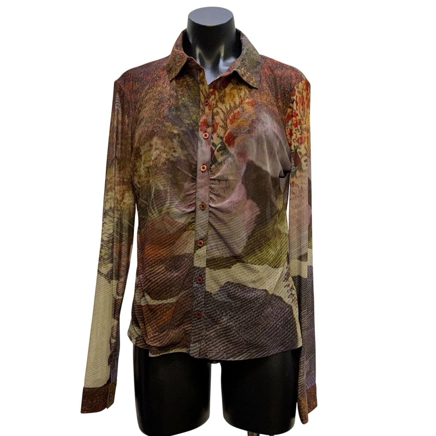 Desigual NWT Button-Up Blouse With Abstract Rustic Print In Brown & Purple XXL