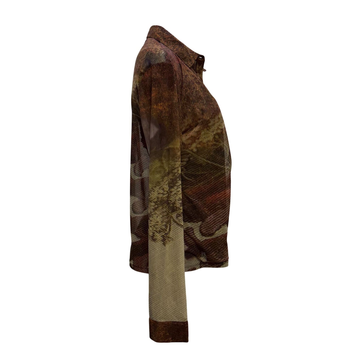 Desigual NWT Button-Up Blouse With Abstract Rustic Print In Brown & Purple XXL