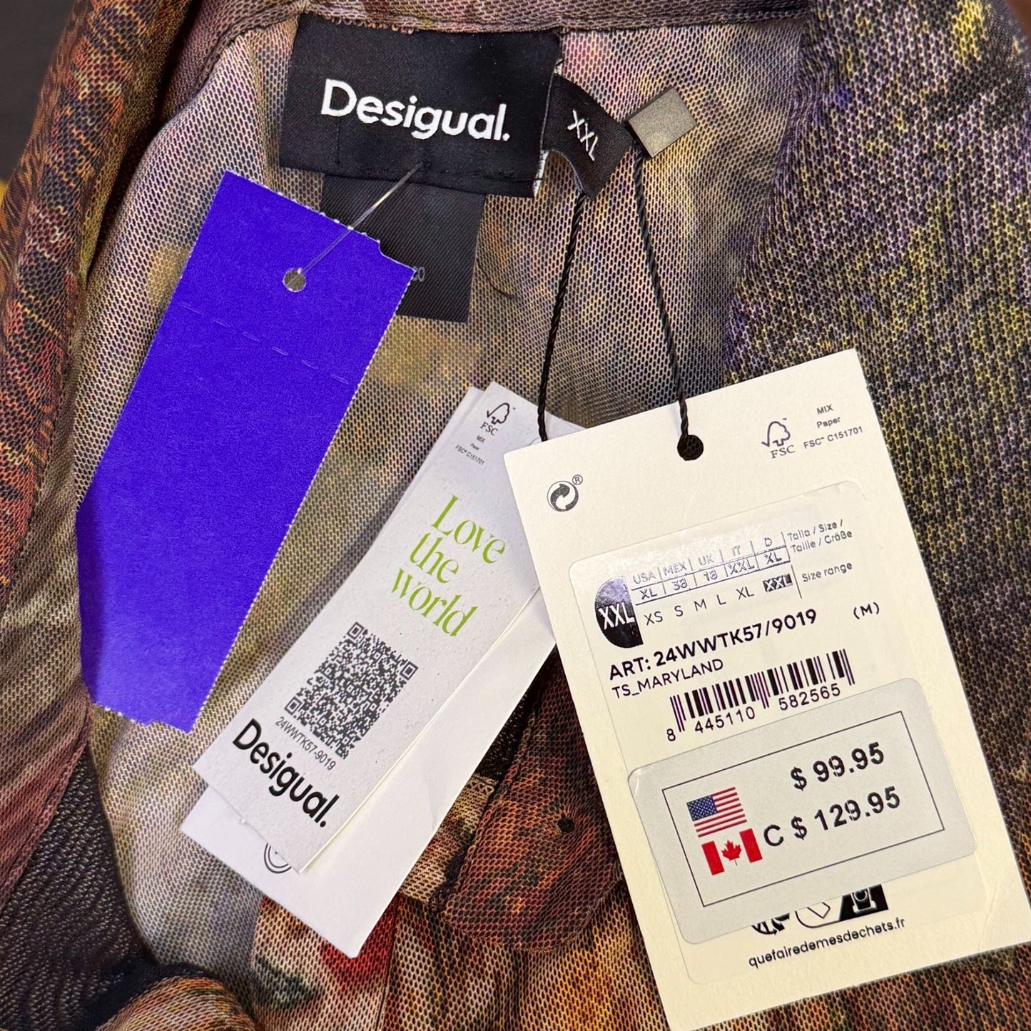 Desigual NWT Button-Up Blouse With Abstract Rustic Print In Brown & Purple XXL