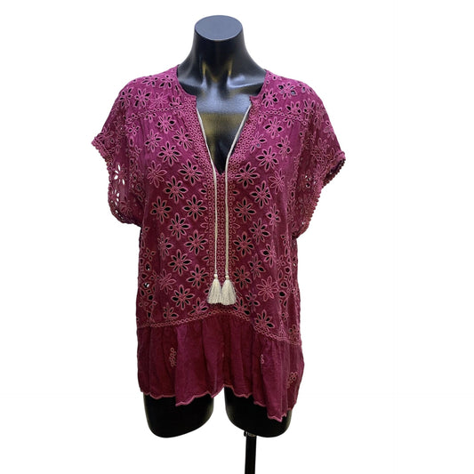 Johnny Was Purple Embroidered Eyelet Blouse w/Tassel Tie Size L