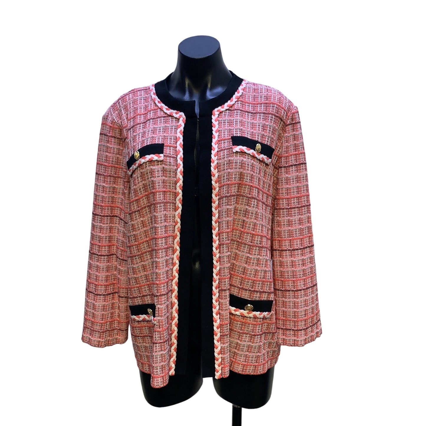 Ming Wang Pink Black Tweed Jacket Gold Button XL