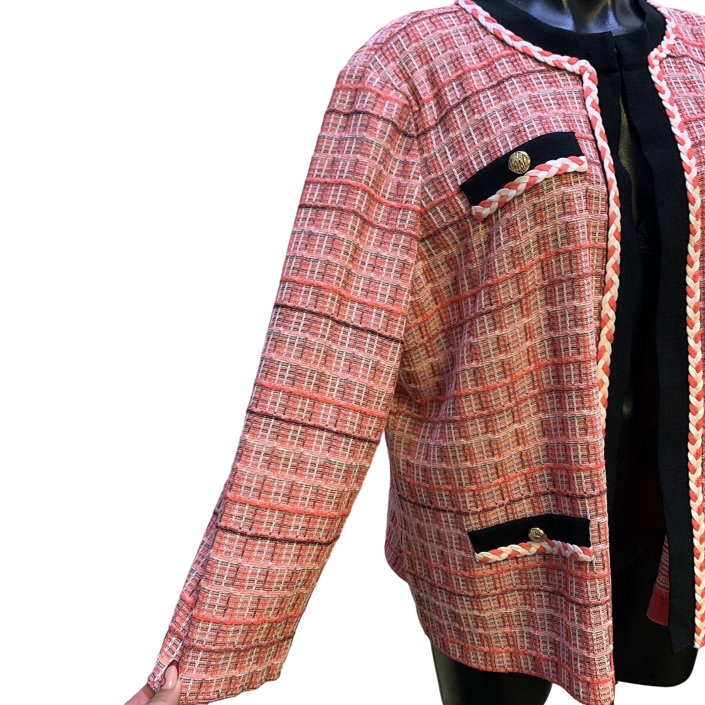 Ming Wang Pink Black Tweed Jacket Gold Button XL