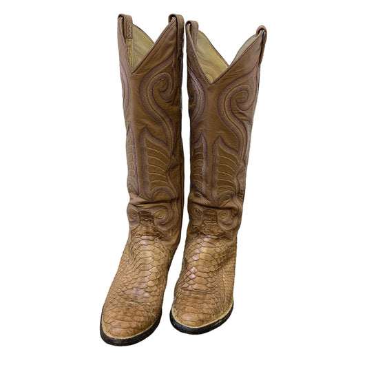 Larry Mahan Vintage Tan Western Cowboy Boots With Python Leather Upper & Intricate Embroidery Size 6