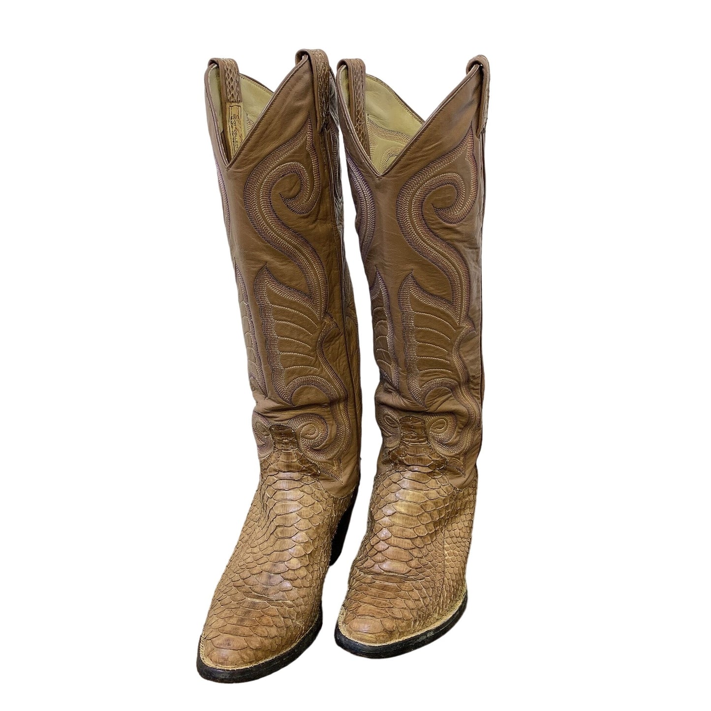 Larry Mahan Vintage Tan Western Cowboy Boots With Python Leather Upper & Intricate Embroidery Size 6