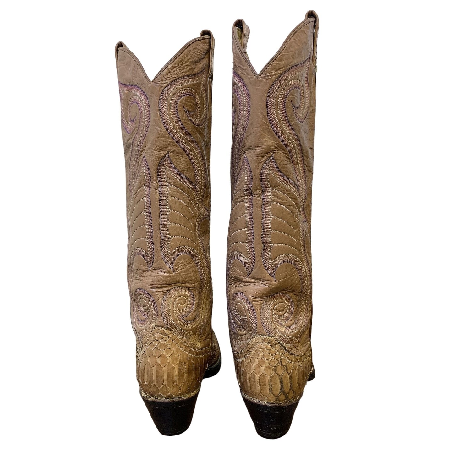 Larry Mahan Vintage Tan Western Cowboy Boots With Python Leather Upper & Intricate Embroidery Size 6