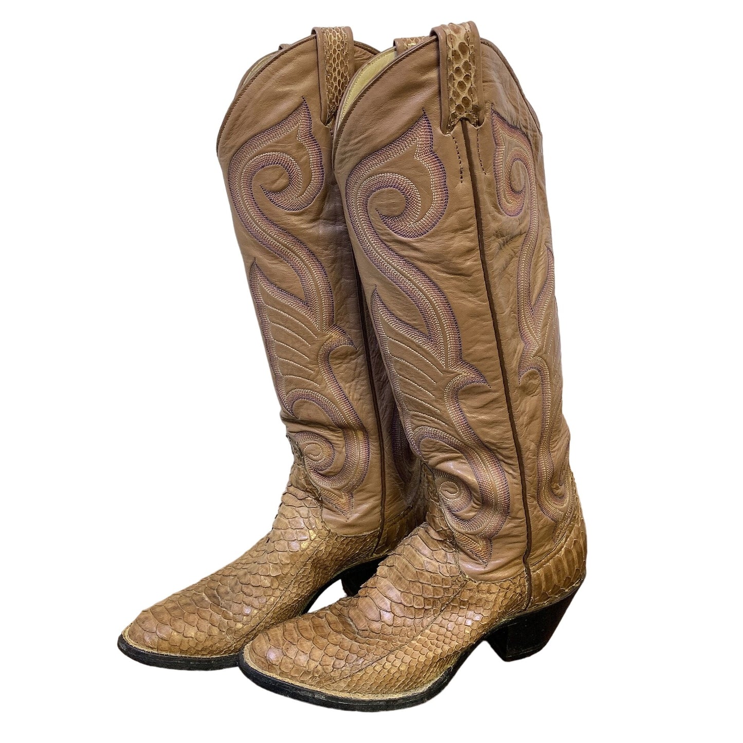 Larry Mahan Vintage Tan Western Cowboy Boots With Python Leather Upper & Intricate Embroidery Size 6