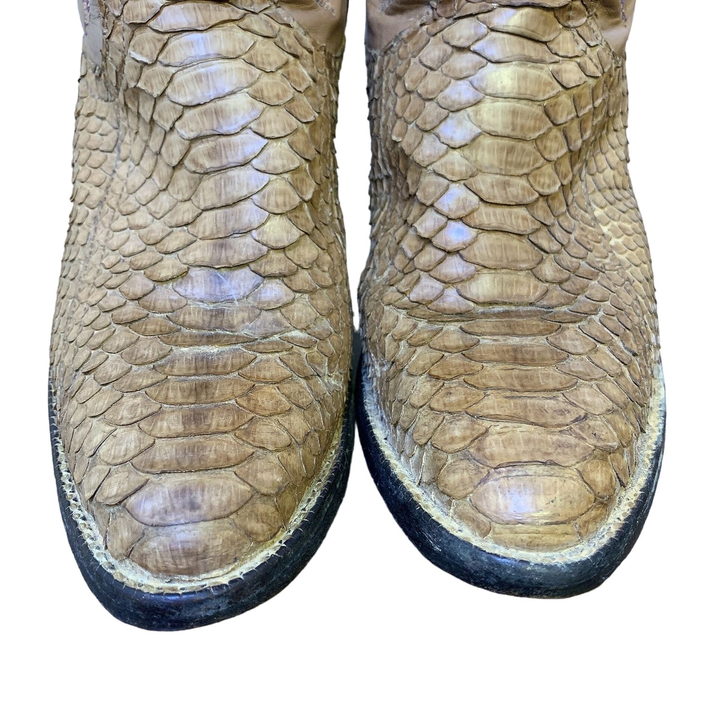 Larry Mahan Vintage Tan Western Cowboy Boots With Python Leather Upper & Intricate Embroidery Size 6