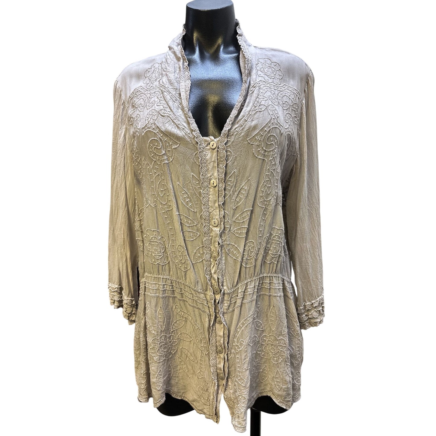 Johnny Was Beige Long-Sleeve Button-Down Tunic Top With Ruffled Cuffs & Textured Detail Size L