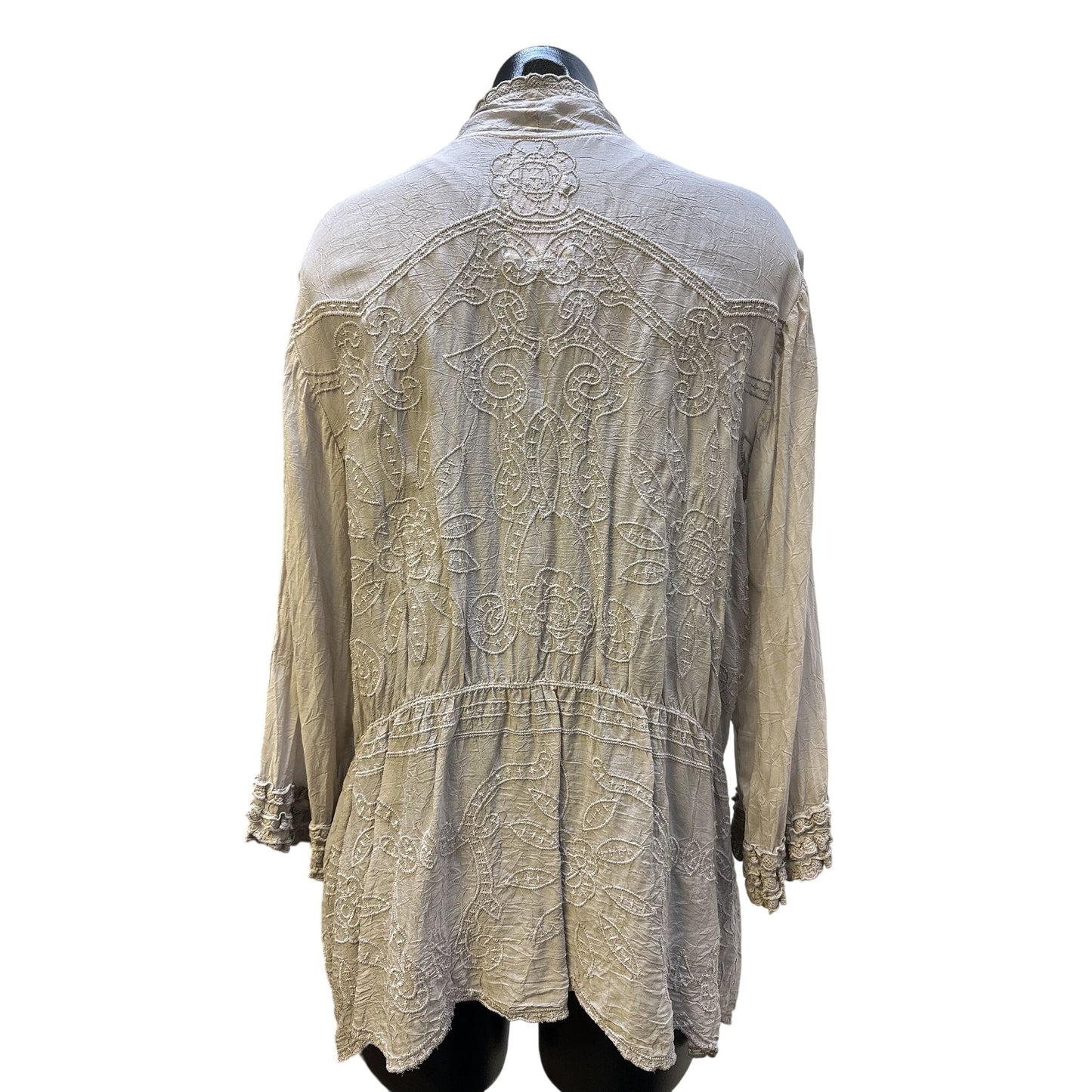 Johnny Was Beige Long-Sleeve Button-Down Tunic Top With Ruffled Cuffs & Textured Detail Size L