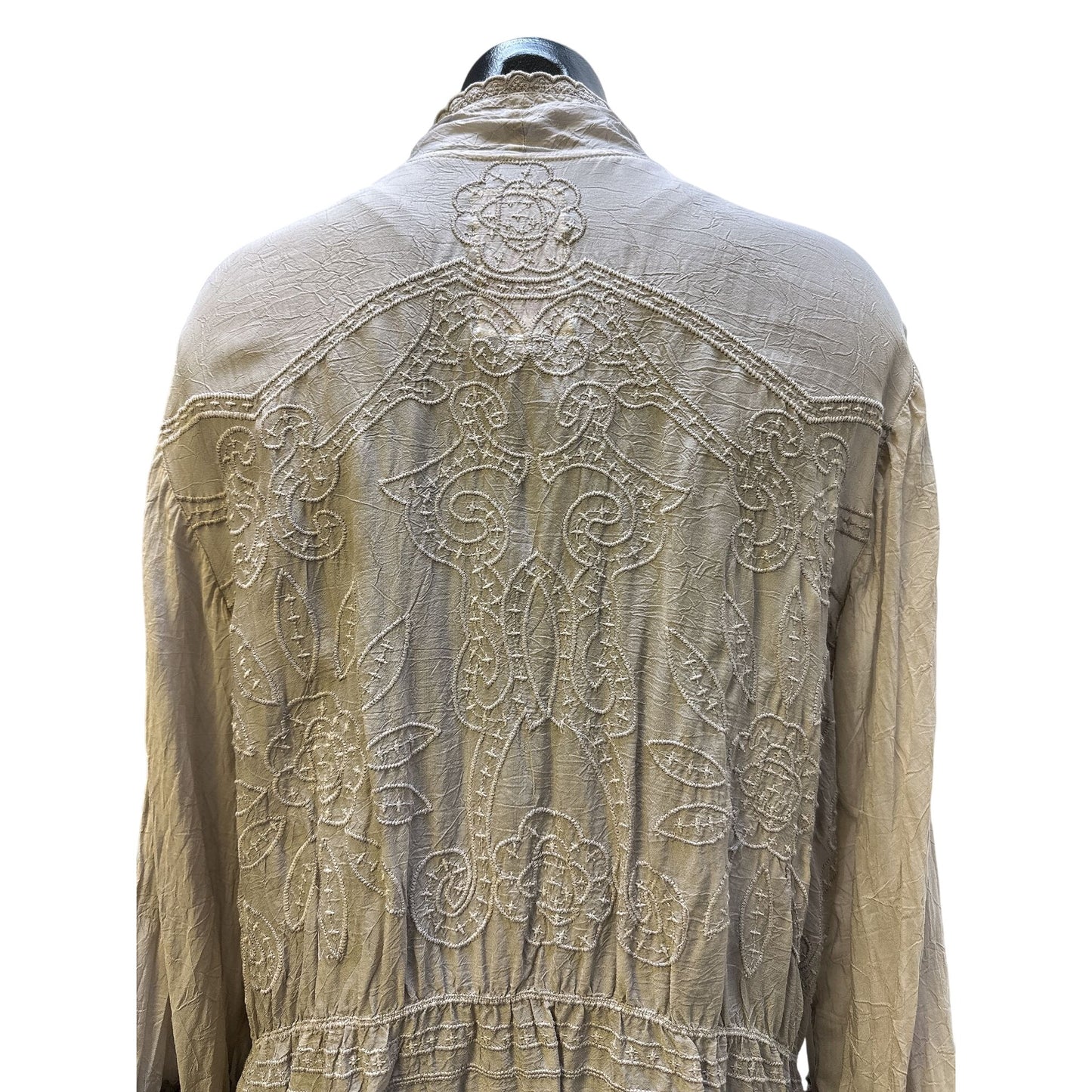 Johnny Was Beige Long-Sleeve Button-Down Tunic Top With Ruffled Cuffs & Textured Detail Size L