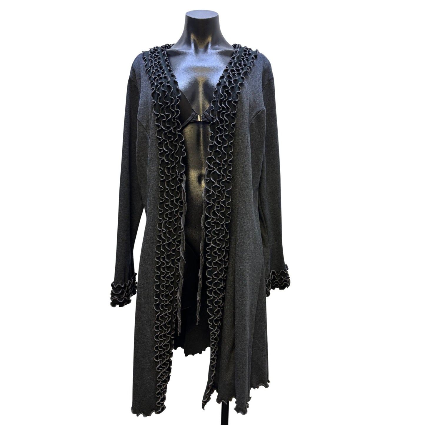 NWT Laura H Hlavac Gray Open Front Ruffled Edge Long Cardigan XL