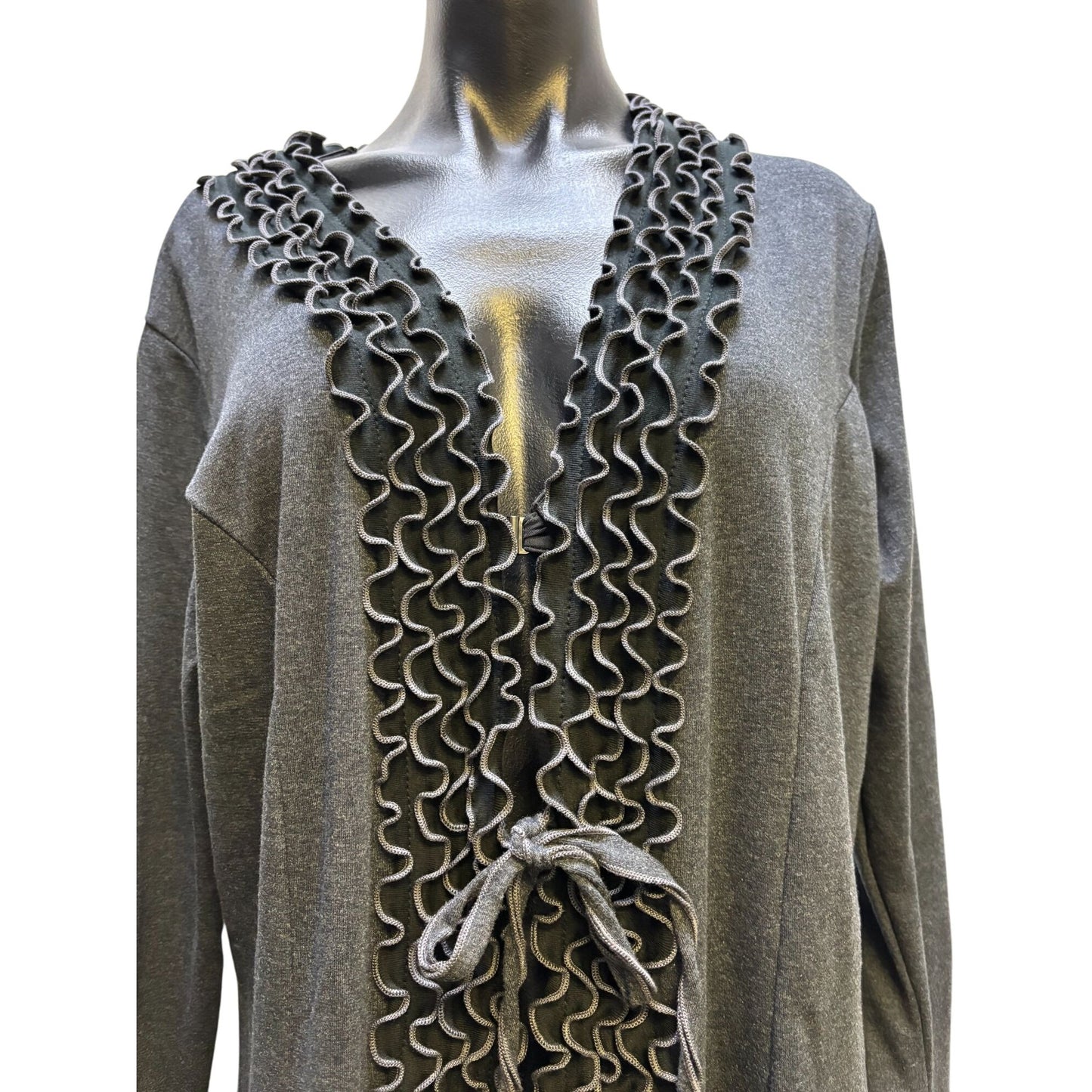 NWT Laura H Hlavac Gray Open Front Ruffled Edge Long Cardigan XL