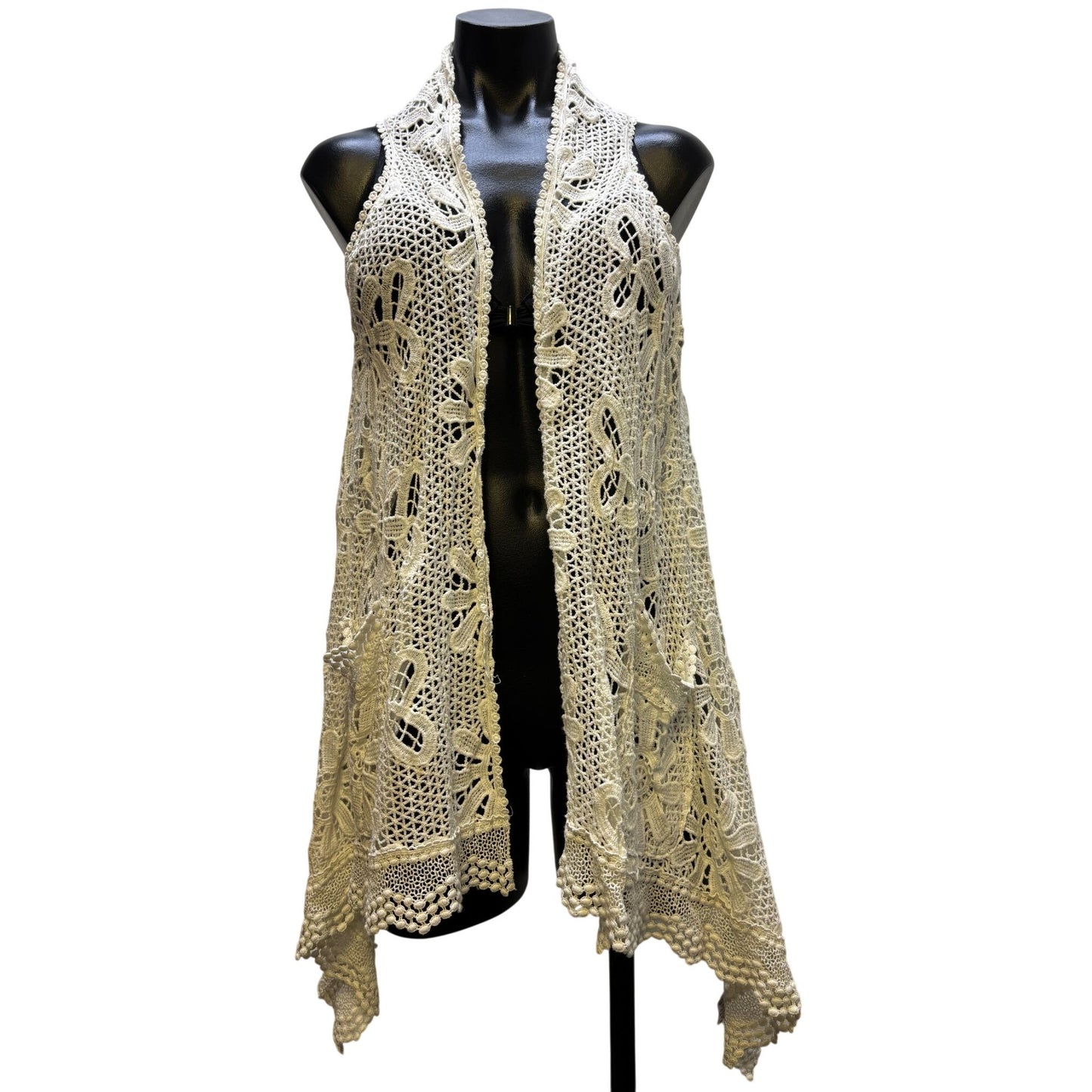 Johnny Was White Crochet Lace Open Cardigan Vest Boho Chic S