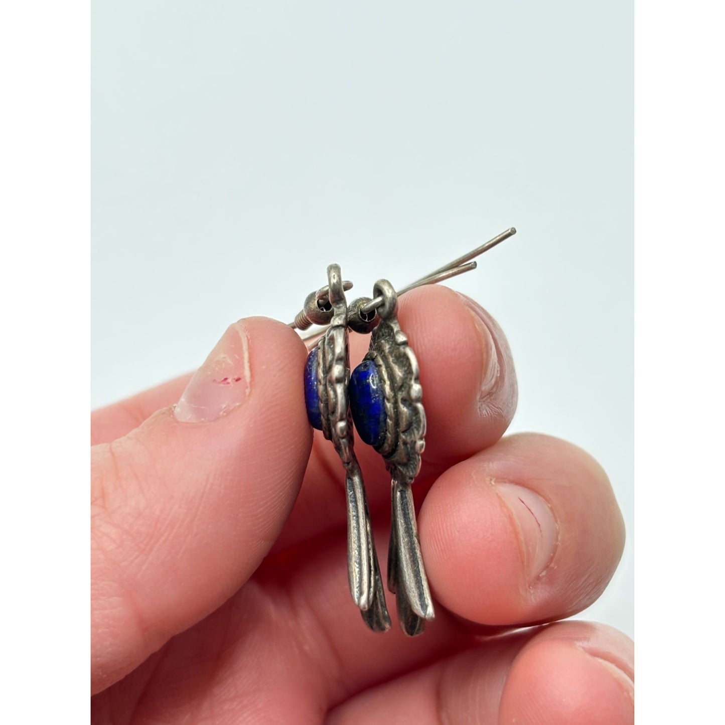 Vintage 925 Sterling Silver Lapis Stone Dangle Earrings