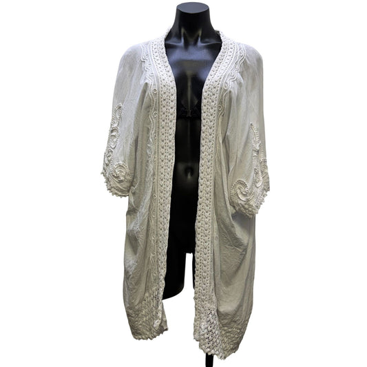 Gretty Zueger White Crochet Embroidered Open Cardigan M