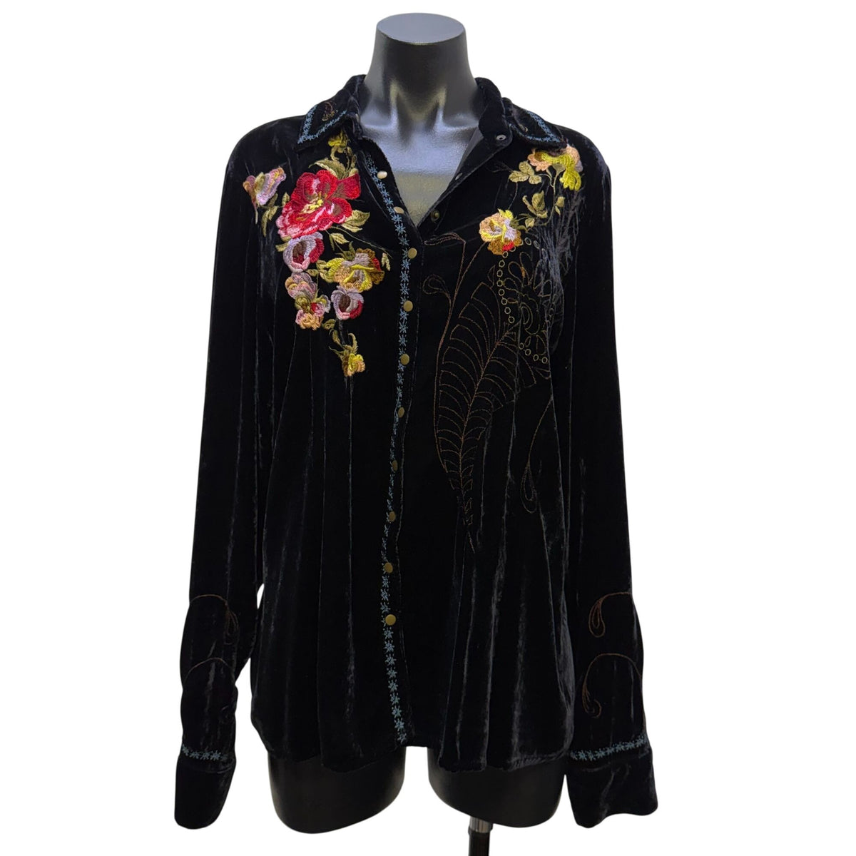 Johnny Was Black Velvet Floral Embroidered Button-Up Blouse Size L
