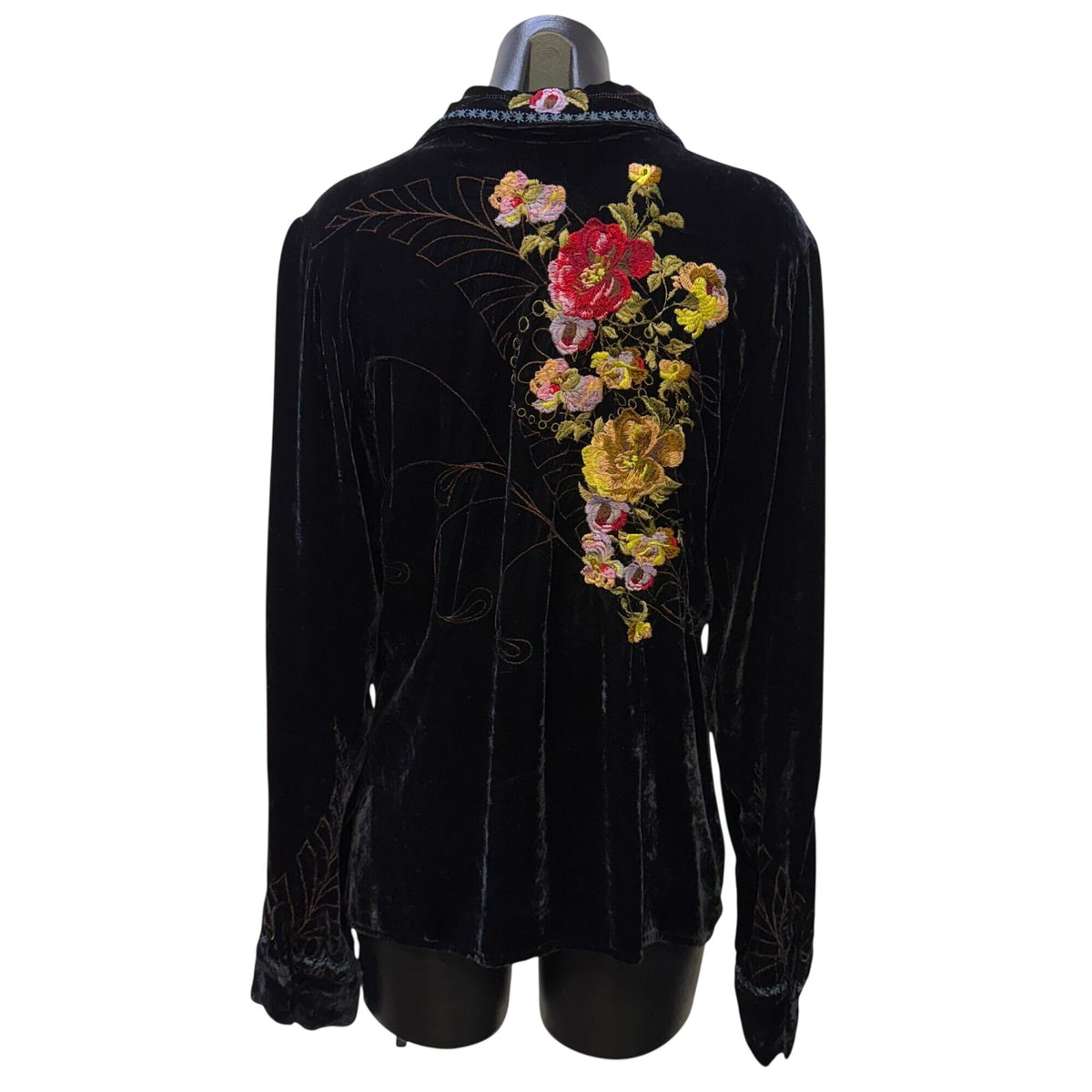 Johnny Was Black Velvet Floral Embroidered Button-Up Blouse Size L