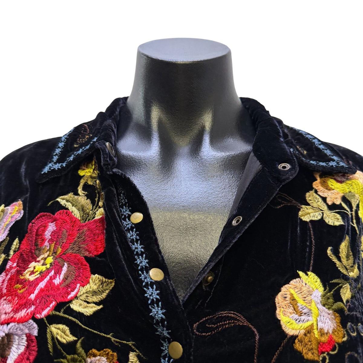Johnny Was Black Velvet Floral Embroidered Button-Up Blouse Size L
