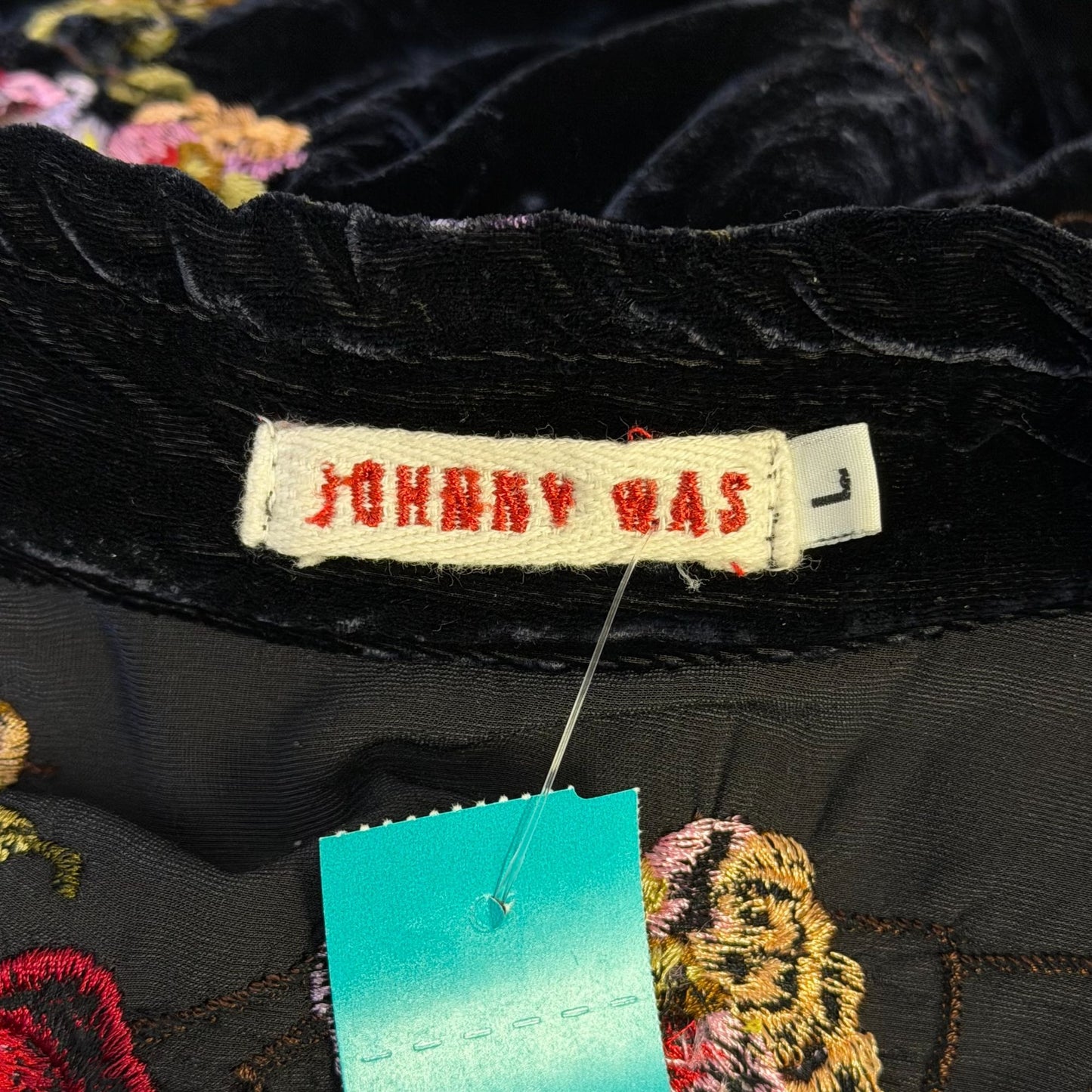 Johnny Was Black Velvet Floral Embroidered Button-Up Blouse Size L